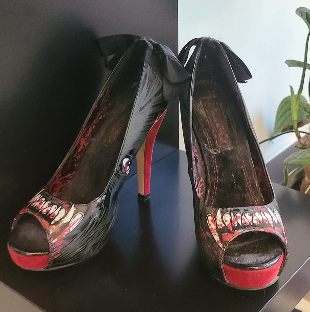 Iron Fist Black and Red Stiletto Heels with Peep-Toe Design